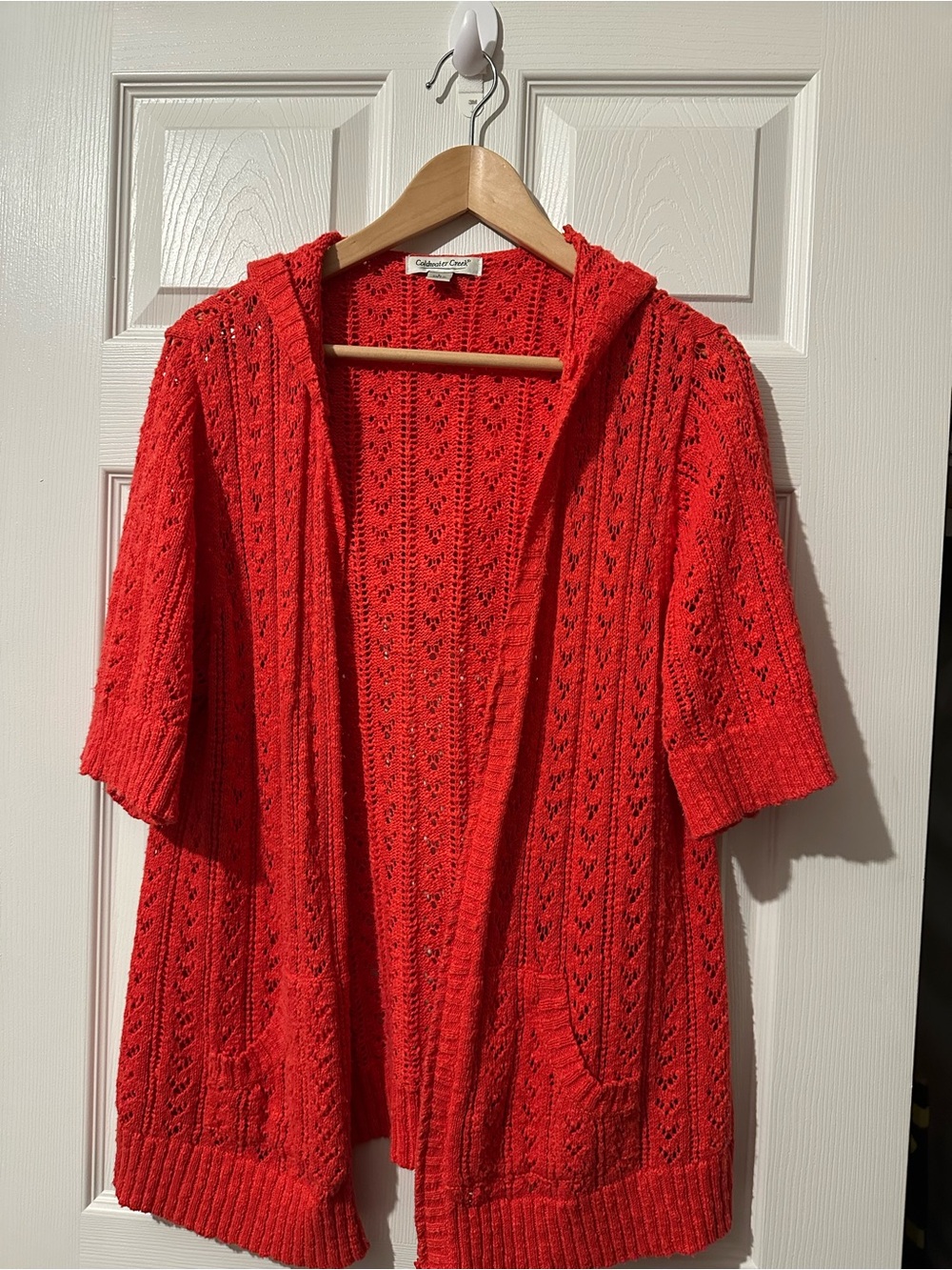 Coldwater Creek Openwork Knit short sleeve Sweater in Bright Red